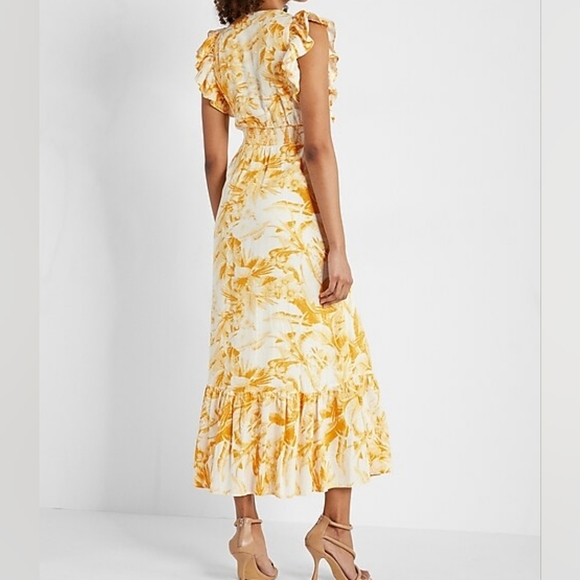 Express Yellow Gold Printed Flutter Sleeve Tie Front Midi Linen-Blend Dress Sz S - Picture 2 of 9